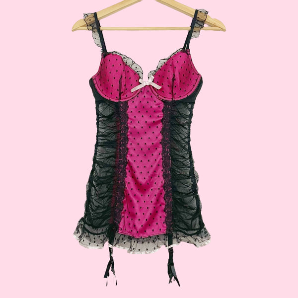 VICTORIA'S SECRET BLACK + PINK DOT RUCHED MESH BABYDOLL (34D)