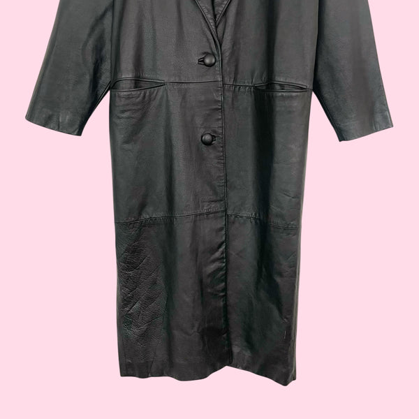90S BLACK LEATHER DUSTER JACKET (M)
