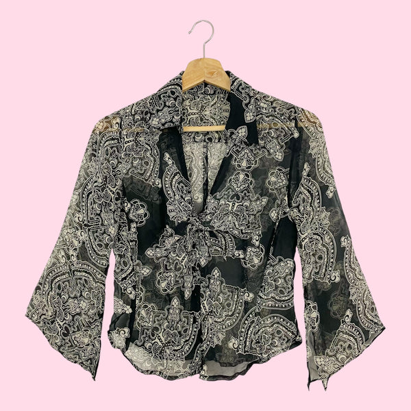 BLACK PRINTED SHEER SILK BLOUSE (S/M)