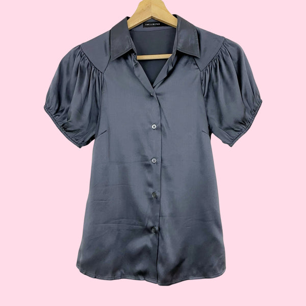 GRAY SILK PUFF SLEEVE BLOUSE (XS)