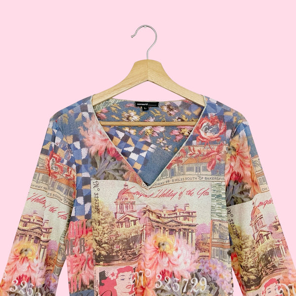 ALL OVER PRINT MESH BELL SLEEVE TOP (L/XL)