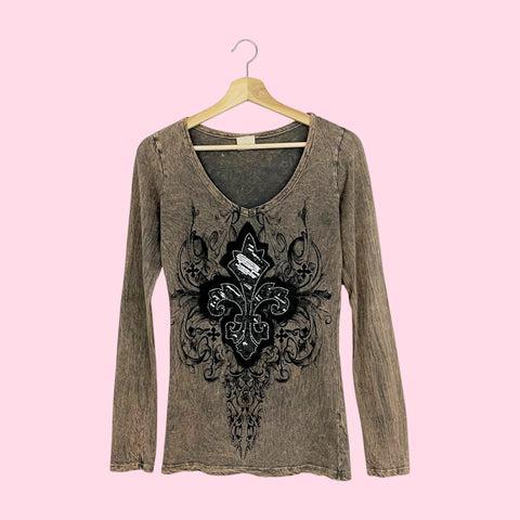 Y2K TIE DYE SEQUINS FLEUR DE LIS TEE (S)