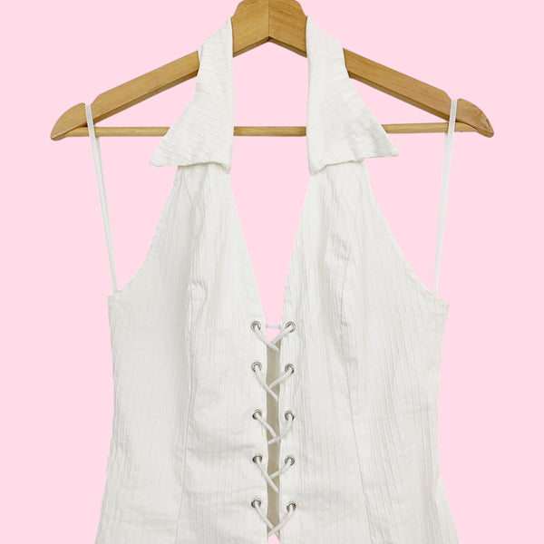 WHITE LACE UP HALTER MINI DRESS (M)