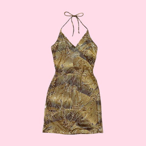TAN FLORAL GOLD SEQUINS DRESS (S)