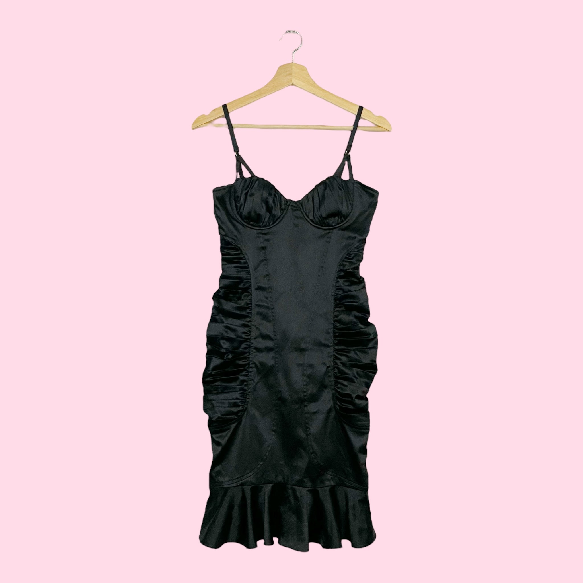 MARCIANO BLACK RUCHED MIDI DRESS (XS)