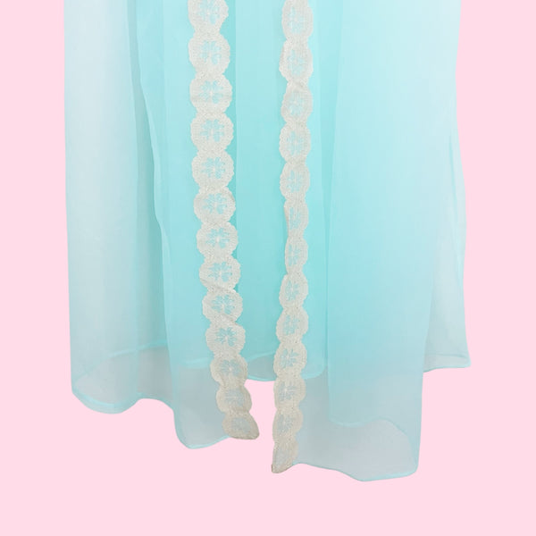 60s Aqua Nylon Peignoir w/ Tan Lace Trim (M)