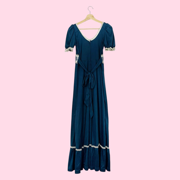70s DARK BLUE + CREAM LACE PRAIRIE DRESS (6)