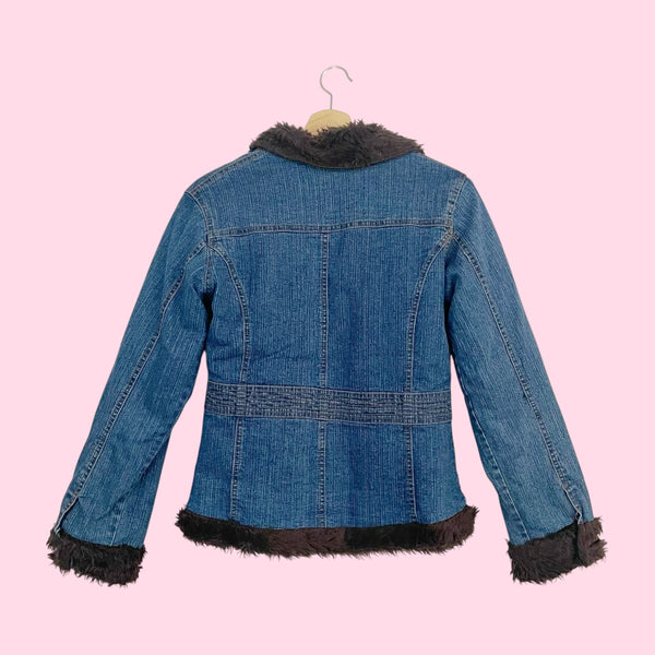 Y2K Denim Jacket w/ Brown Faux Fur (S)