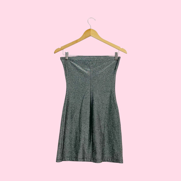 Y2K Silver Metallic Strapless Mini Dress (S)