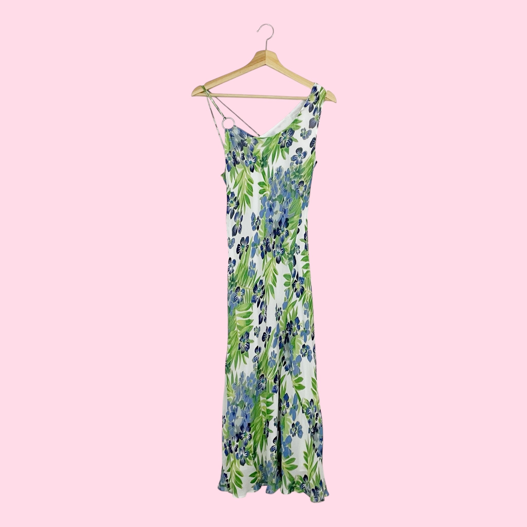 FLORAL PRINT RAYON MAXI DRESS W/ ASYMMETRICAL STRAPS (M)