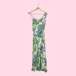 FLORAL PRINT RAYON MAXI DRESS W/ ASYMMETRICAL STRAPS (M)