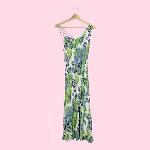 FLORAL PRINT RAYON MAXI DRESS W/ ASYMMETRICAL STRAPS (M)