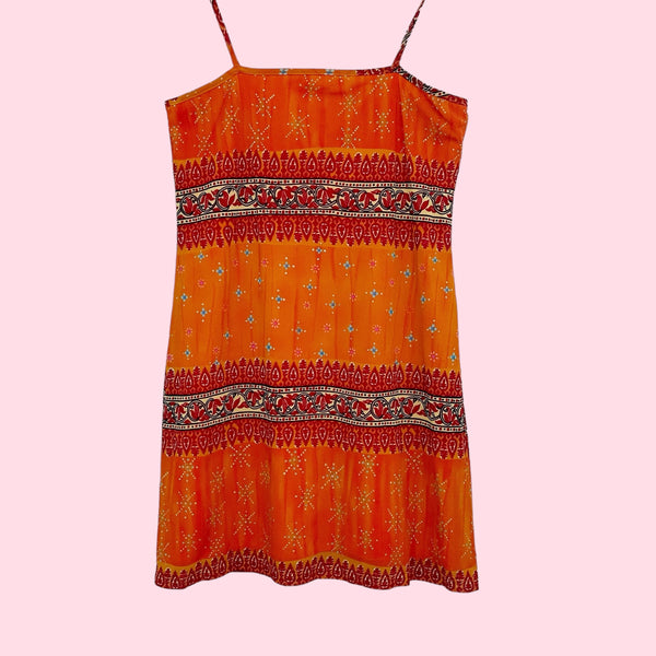 ORANGE PRINTED MESH DRESS (M)