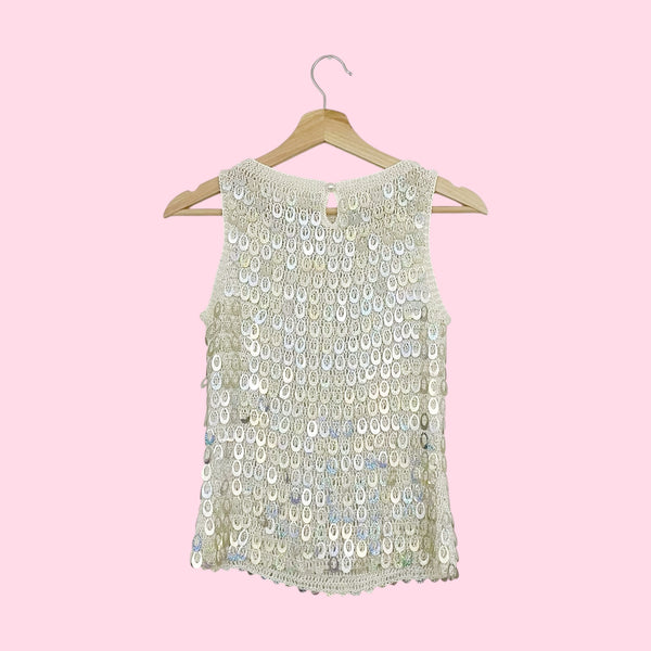 WHITE KNIT SEQUINS TANK (S)