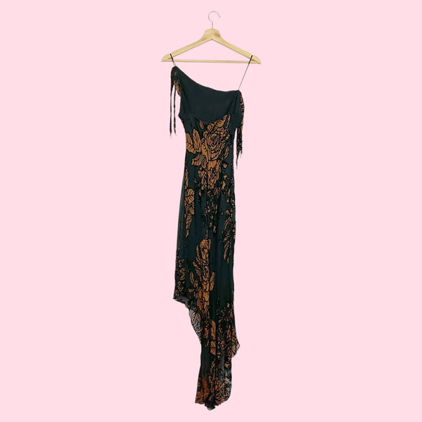 Y2K Black + Brown Floral Asymmetrical Dress (6)