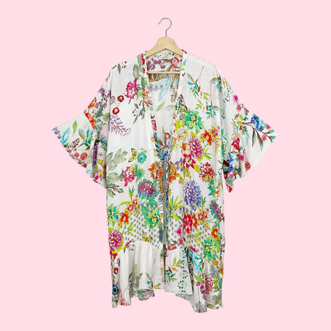 JOHNNY WAS FLORAL TIE FRONT RUFFLE KIMONO (XS)