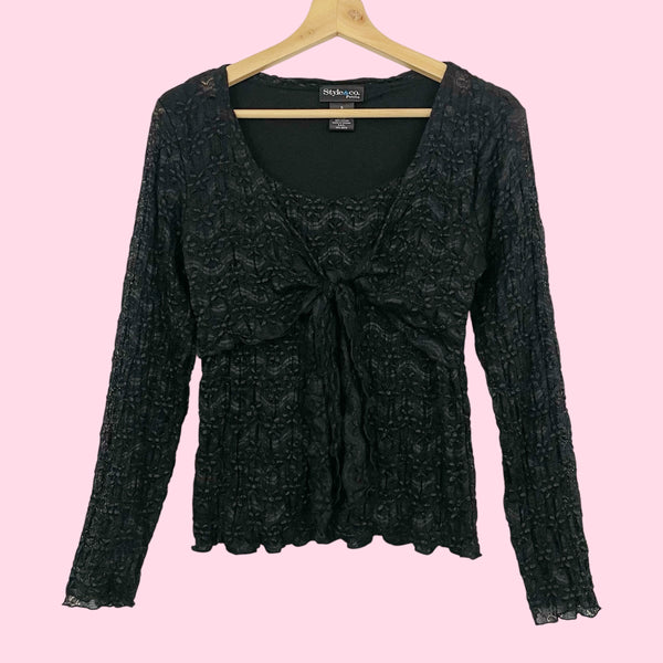 BLACK FLORAL LACE TIE FRONT BLOUSE (S)