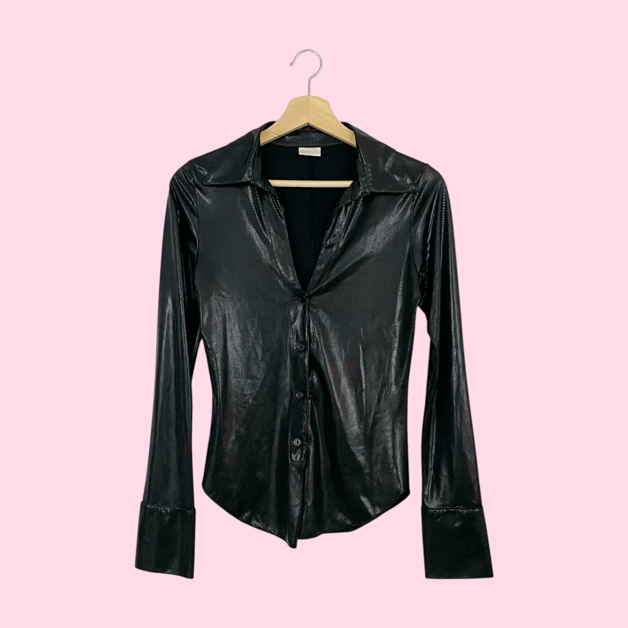 BLACK SHIMMER WET LOOK BLOUSE (S)