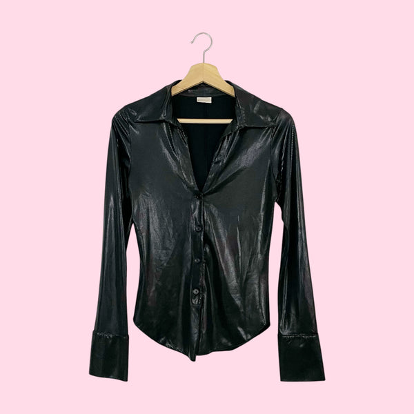 BLACK SHIMMER WET LOOK BLOUSE (S)