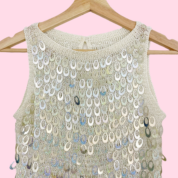 WHITE KNIT SEQUINS TANK (S)