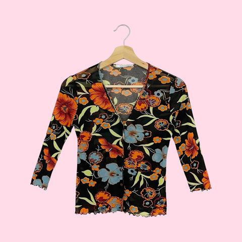 FLORAL PRINT MESH BUTTON UP TOP (S)