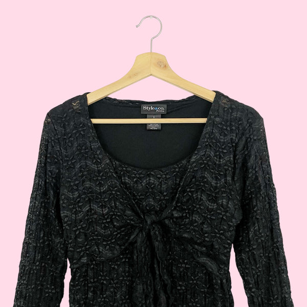 BLACK FLORAL LACE TIE FRONT BLOUSE (S)