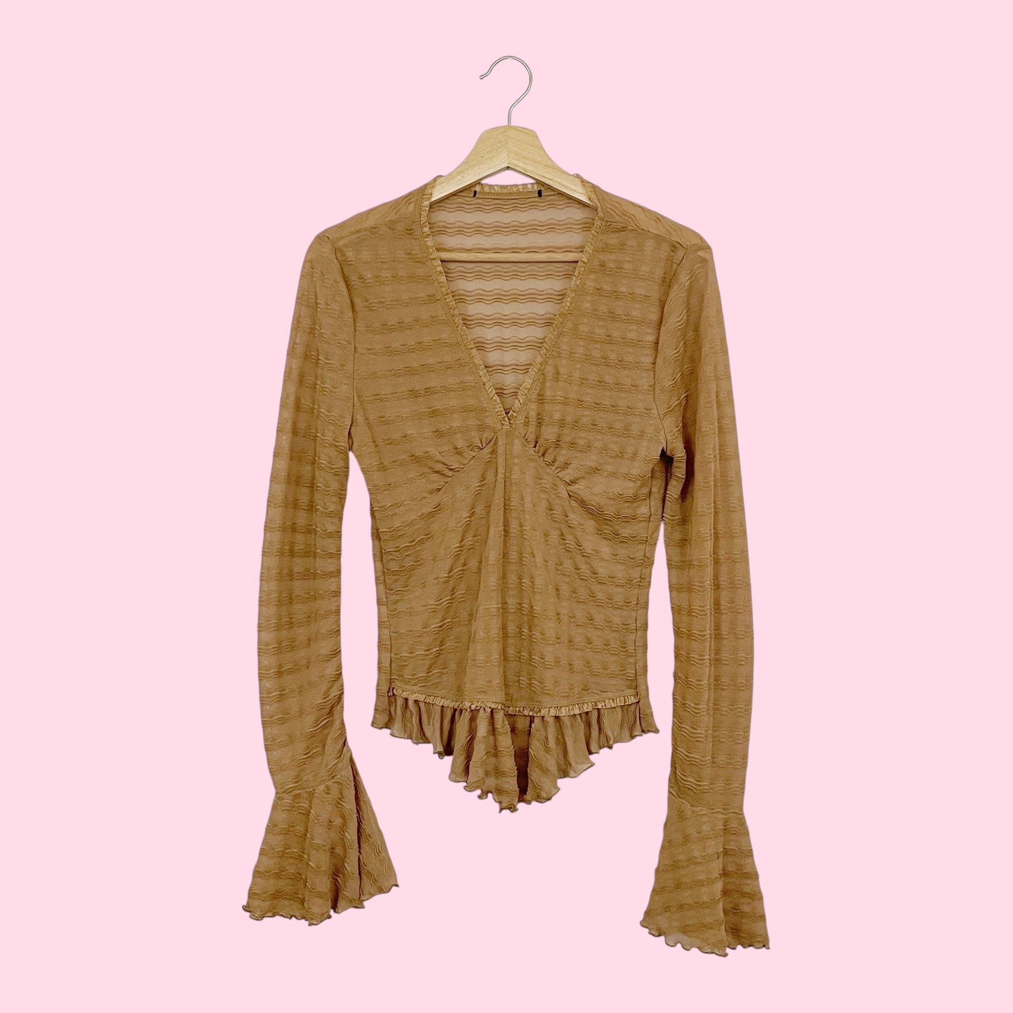 TAN WAVY MESH BELL SLEEVE TOP (M)
