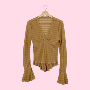 TAN WAVY MESH BELL SLEEVE TOP (M)
