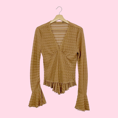 TAN WAVY MESH BELL SLEEVE TOP (M)