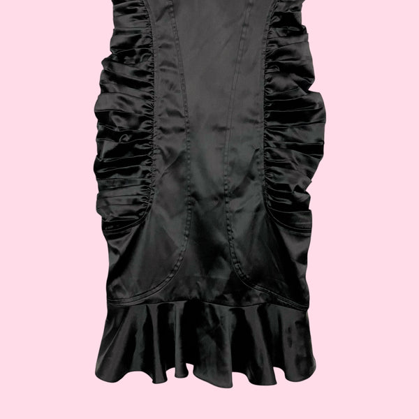 MARCIANO BLACK RUCHED MIDI DRESS (XS)