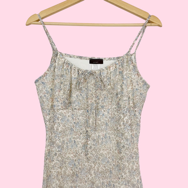 CREAM + BLUE FLORAL MILKMAID MIDI DRESS (M)