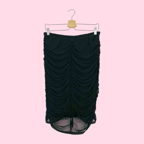 BLACK GATHERED MESH MIDI SKIRT (L)