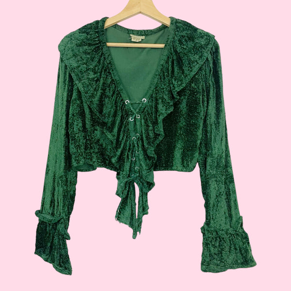 GREEN VELVET RUFFLE LACE UP CROPPED BLOUSE (S)