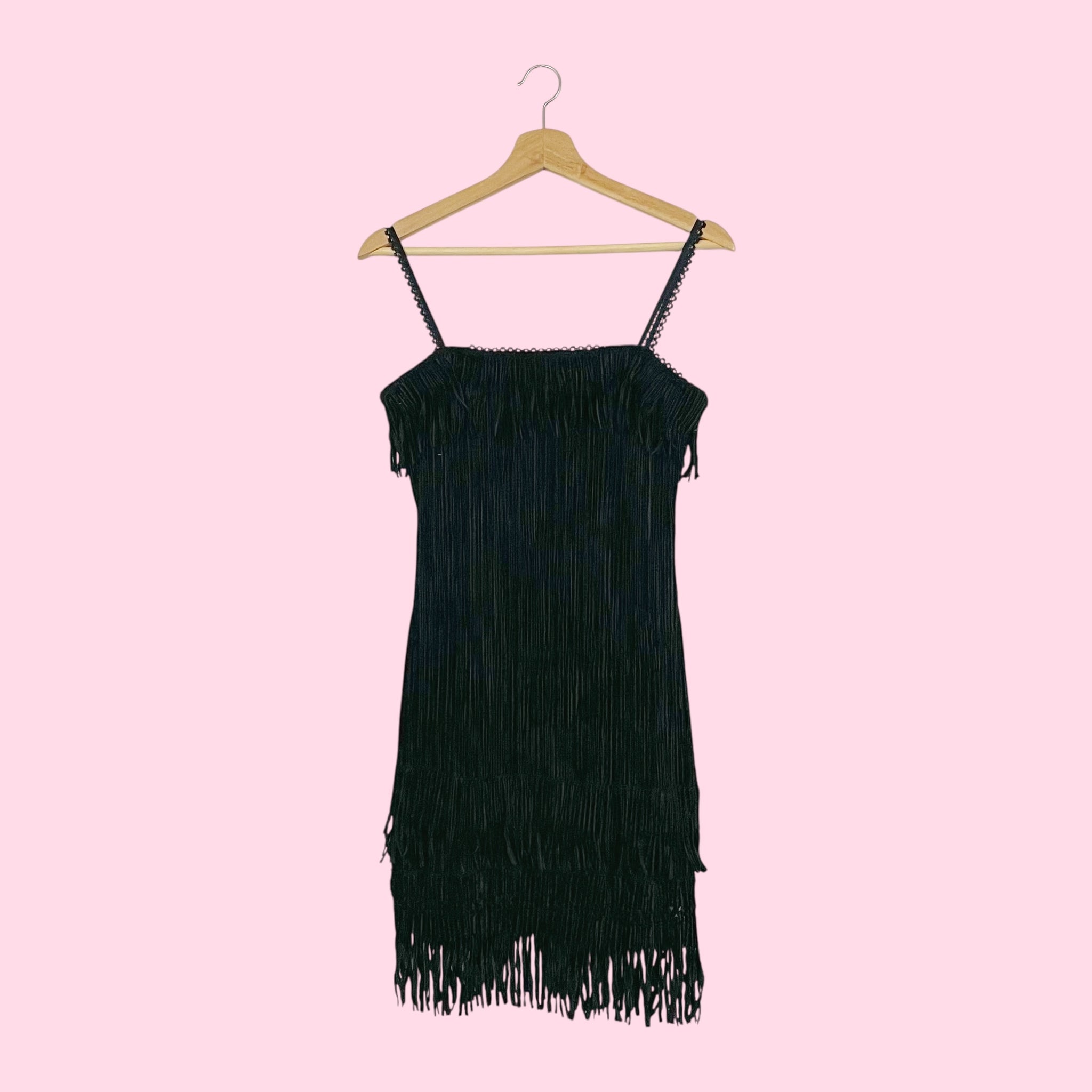 BLACK TEXTURED VELVET FRINGE DRESS (S)