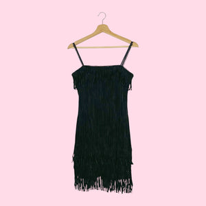 BLACK TEXTURED VELVET FRINGE DRESS (S)