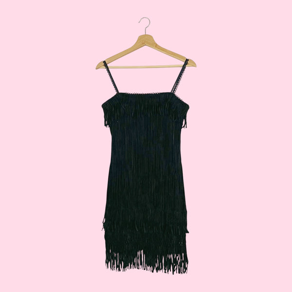 BLACK TEXTURED VELVET FRINGE DRESS (S)