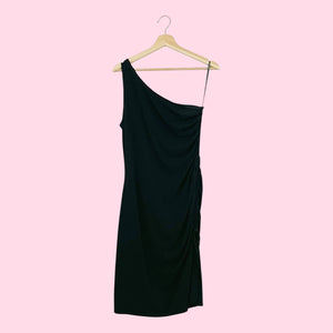 BLACK ONE SHOULDER CINCHED MIDI DRESS (M)