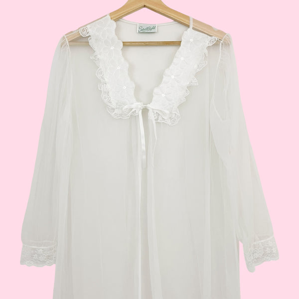 WHITE NYLON TIE FRONT PEIGNOIR (L)