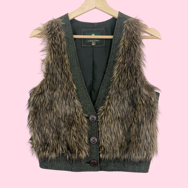 BROWN FAUX FUR PANEL TWEED VEST (S)