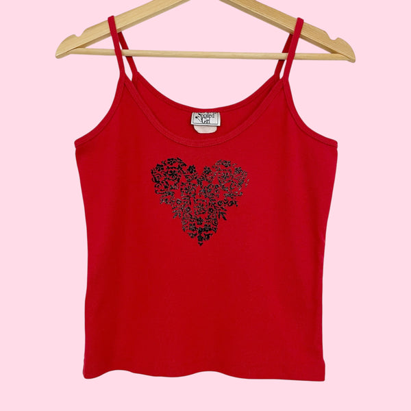 RED GLITTER VELVET FLOCKED HEART TANK (M/L)