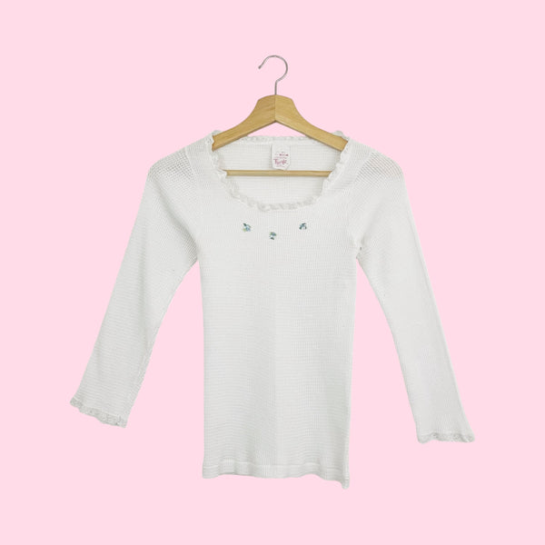 White Thermal Top w/ Floral Patches (S)