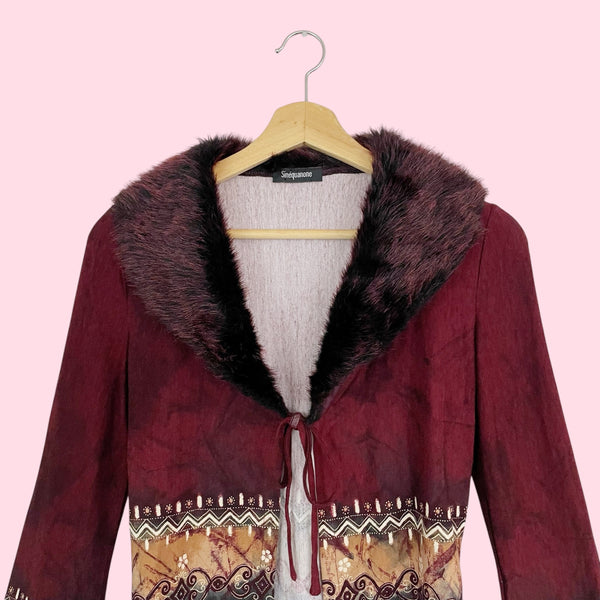 PRINTED TIE FRONT CARDIGAN W/ FAUX FUR COLLAR (S/M)