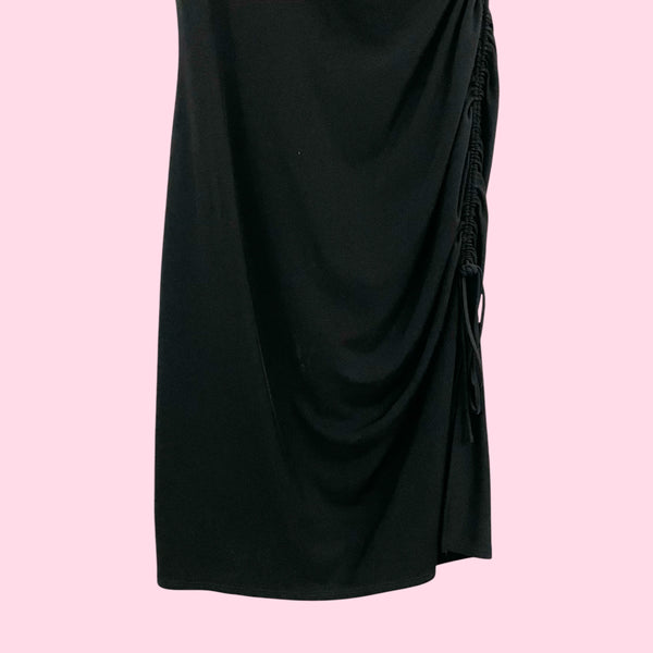 BLACK ONE SHOULDER CINCHED MIDI DRESS (M)