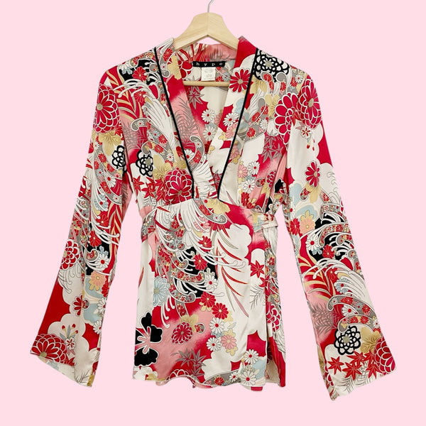 FLORAL SILK TIE BACK BLOUSE (M)