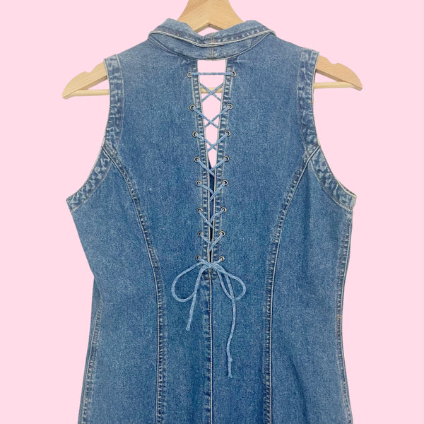 90s Denim Button Up Dress w/ Lace Up Back (6/8)