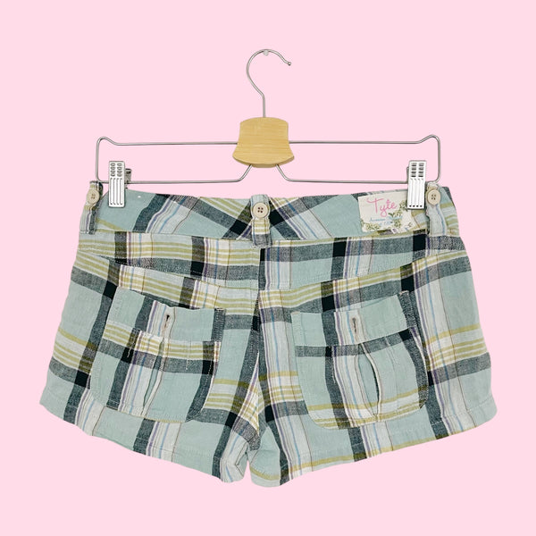 BLUE PLAID LINEN BLEND LOW RISE SHORTS (S)