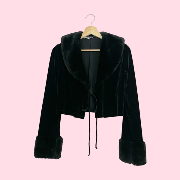 Black Velvet Tie Front Cardigan w/ Faux Fur Trim (L/XL)