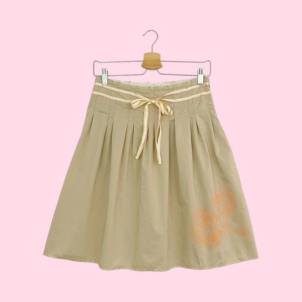 Tan + Orange Floral Midi Skirt w/ Ribbons (1)