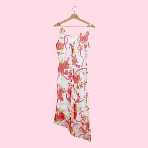 FLORAL RIBBON PRINT COWL NECK MIDI DRESS (M)
