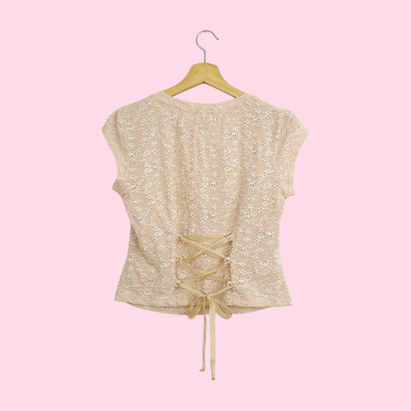 XOXO TAN FLORAL LACE UP TOP (M)
